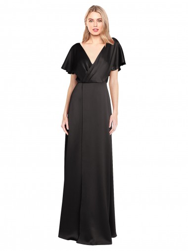 A-Line V-Neck Stretch Satin Long Black Bridesmaid Dress / Evening Dress Barrie