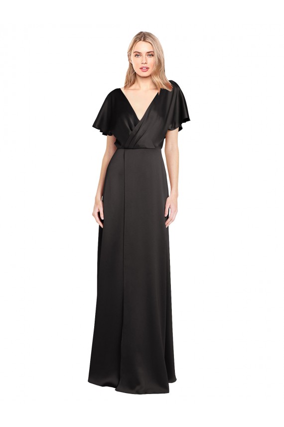 A-Line V-Neck Stretch Satin Long Black Bridesmaid Dress / Evening Dress Barrie