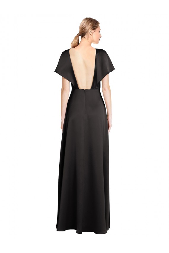 A-Line V-Neck Stretch Satin Long Black Bridesmaid Dress / Evening Dress Barrie