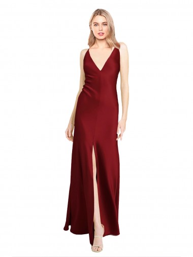 A-Line V-Neck Stretch Satin Long Burgundy Black Tie Evening Gown / Prom Dress / Bridesmaid Dress Barrie