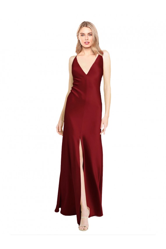 A-Line V-Neck Stretch Satin Long Burgundy Black Tie Evening Gown / Prom Dress / Bridesmaid Dress Barrie