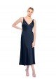 A-Line V-Neck Stretch Satin Midi Length Dark Navy Formal Evening Gown / Prom Dress / Bridesmaid Dress Barrie