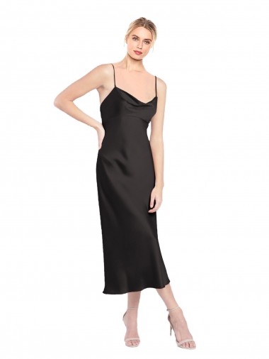 A-Line Cowl Neck Stretch Satin Midi Length Black Formal Evening Gown / Prom Dress / Bridesmaid Dress Barrie