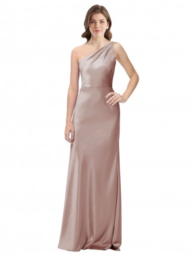 Sheath One Shoulder Stretch Satin Long Dusty Pink Formal Evening Gown / Prom Dress / Bridesmaid Dress Barrie