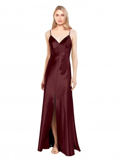A-Line V-Neck Stretch Satin Long Burgundy Gold Bridesmaid Dress / Evening Dress Barrie
