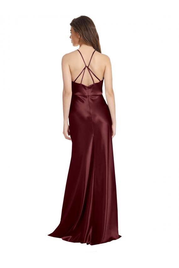 A-Line V-Neck Stretch Satin Long Burgundy Gold Formal Evening Gown / Prom Dress / Bridesmaid Dress Barrie