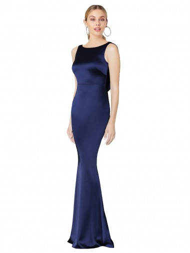Sheath High Neck Stretch Satin Long Dark Navy Formal Evening Gown / Prom Dress / Bridesmaid Dress Barrie