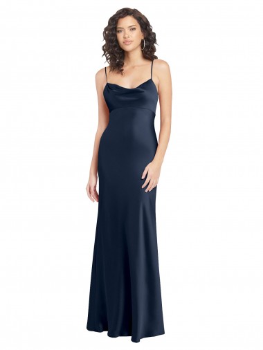 A-Line Cowl Neck Stretch Satin Long Dark Navy Black Tie Evening Gown / Prom Dress / Bridesmaid Dress Barrie
