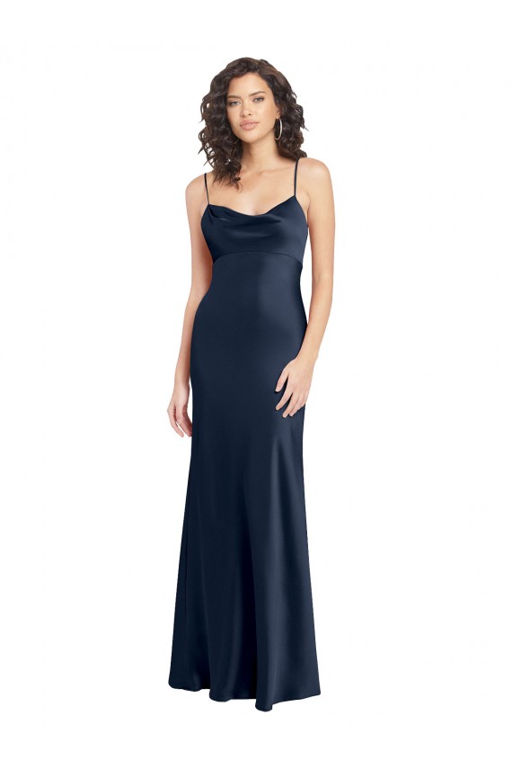 A-Line Cowl Neck Stretch Satin Long Dark Navy Black Tie Evening Gown / Prom Dress / Bridesmaid Dress Barrie