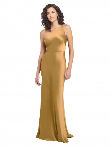 A-Line One Shoulder Stretch Satin Long Gold Formal Evening Gown / Prom Dress / Bridesmaid Dress Barrie