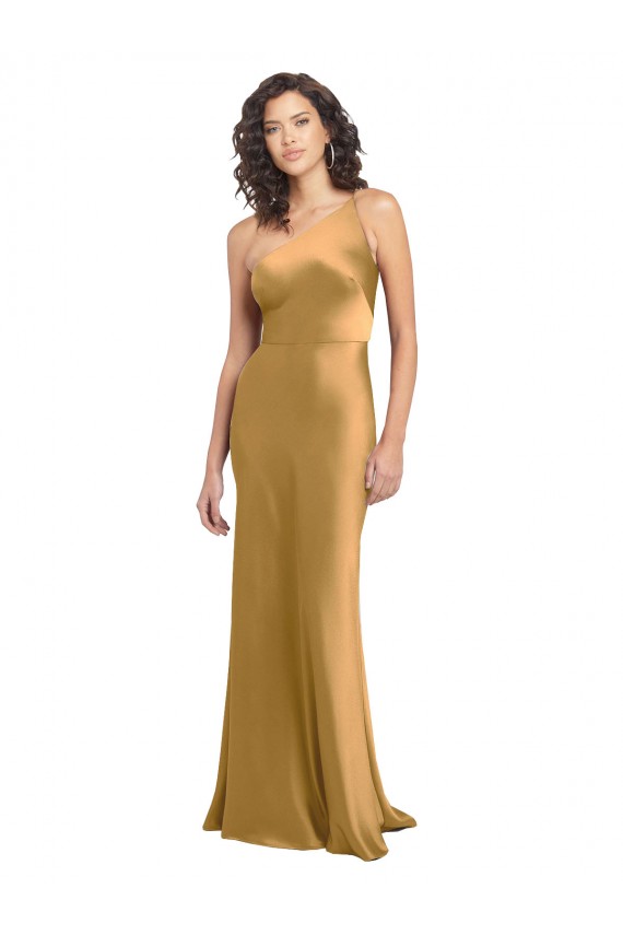 A-Line One Shoulder Stretch Satin Long Gold Formal Evening Gown / Prom Dress / Bridesmaid Dress Barrie