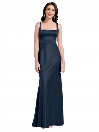 A-Line Square Neck Stretch Satin Long Dark Navy Formal Evening Gown / Prom Dress / Bridesmaid Dress Barrie