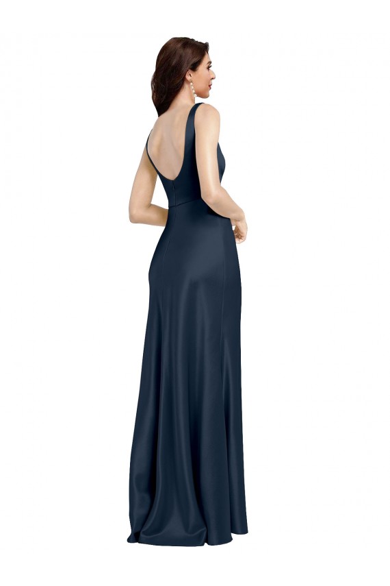 A-Line Square Neck Stretch Satin Long Dark Navy Formal Evening Gown / Prom Dress / Bridesmaid Dress Barrie