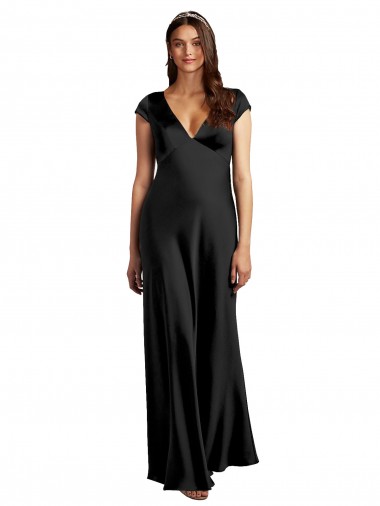 A-Line V-Neck Stretch Satin Long Black Formal Evening Gown / Prom Dress / Bridesmaid Dress Barrie