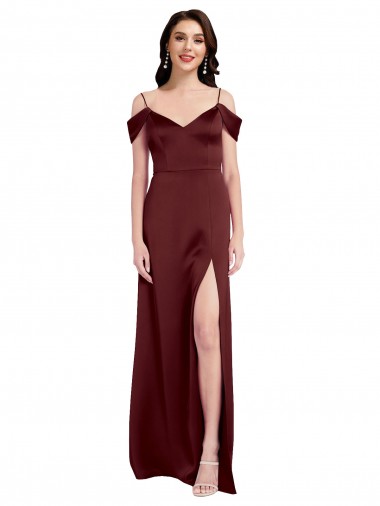 A-Line V-Neck Stretch Satin Long Burgundy Gold Formal Dress / Bridesmaid Dress Barrie