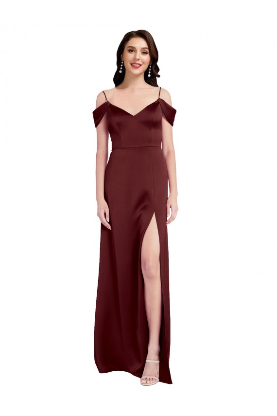 A-Line V-Neck Stretch Satin Long Burgundy Gold Formal Dress / Bridesmaid Dress Barrie