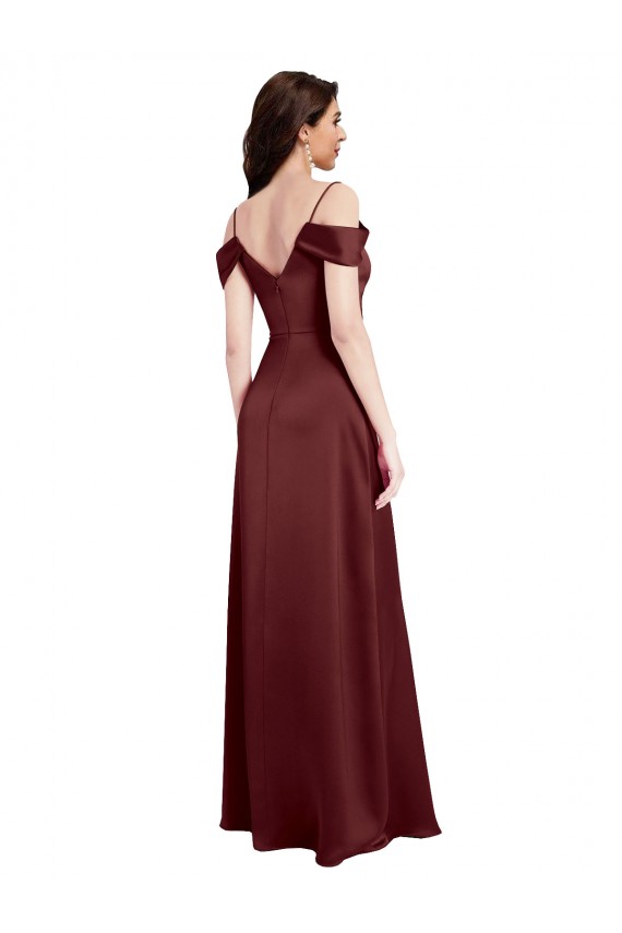 A-Line V-Neck Stretch Satin Long Burgundy Gold Formal Dress / Bridesmaid Dress Barrie