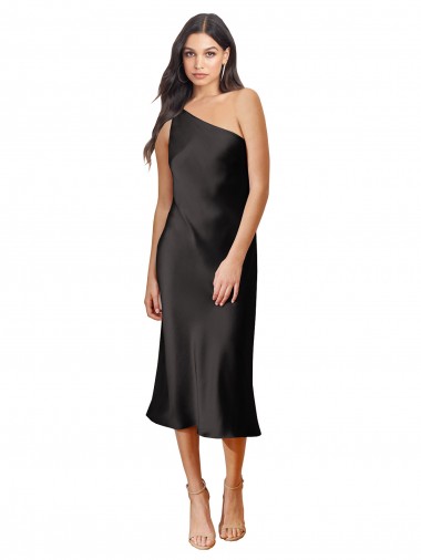 Sheath One Shoulder Stretch Satin Midi Length Black Black Tie Evening Gown / Prom Dress / Bridesmaid Dress Barrie