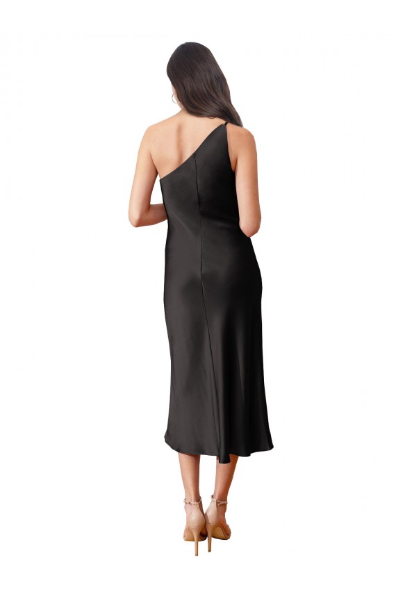 Sheath One Shoulder Stretch Satin Midi Length Black Black Tie Evening Gown / Prom Dress / Bridesmaid Dress Barrie
