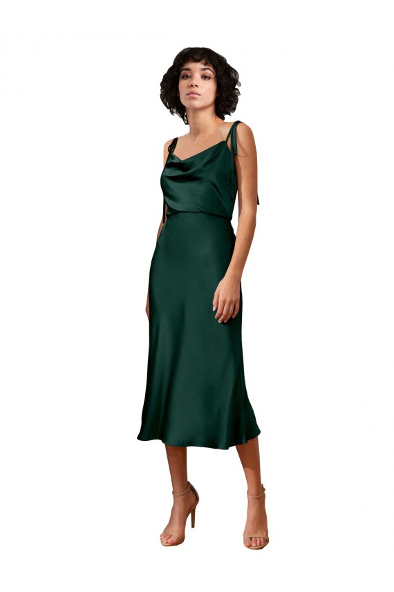 Sheath Cowl Neck Stretch Satin Midi Length Hunter Black Tie Evening Gown / Prom Dress / Bridesmaid Dress Barrie