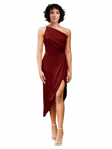 Sheath One Shoulder Stretch Satin Midi Length Burgundy Black Tie Evening Gown / Prom Dress / Bridesmaid Dress Barrie