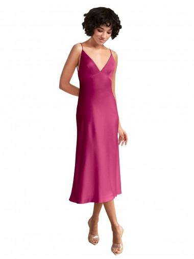 A-Line V-Neck Stretch Satin Midi Length Fuchsia Formal Evening Gown / Prom Dress / Bridesmaid Dress Barrie
