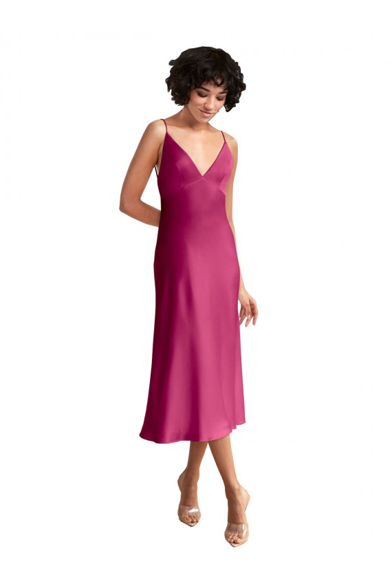 A-Line V-Neck Stretch Satin Midi Length Fuchsia Formal Evening Gown / Prom Dress / Bridesmaid Dress Barrie
