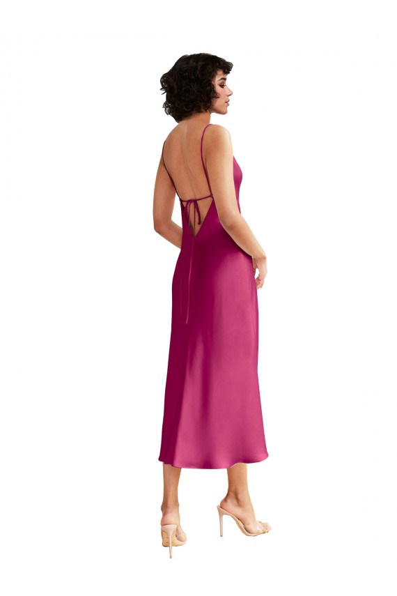 A-Line V-Neck Stretch Satin Midi Length Fuchsia Formal Evening Gown / Prom Dress / Bridesmaid Dress Barrie