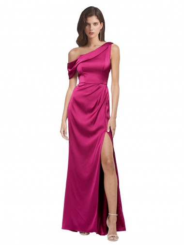 A-Line One Shoulder Stretch Satin Long Fuchsia Bridesmaid Dress / Evening Dress Barrie