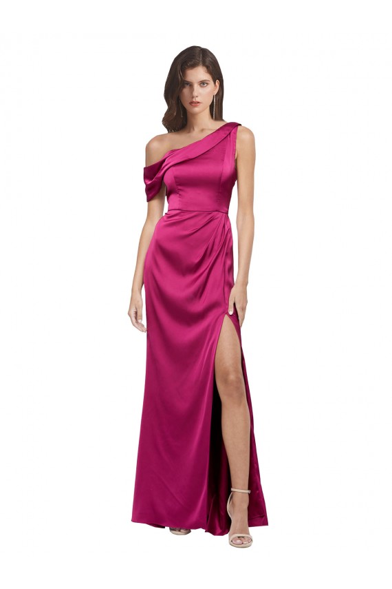 A-Line One Shoulder Stretch Satin Long Fuchsia Bridesmaid Dress / Evening Dress Barrie