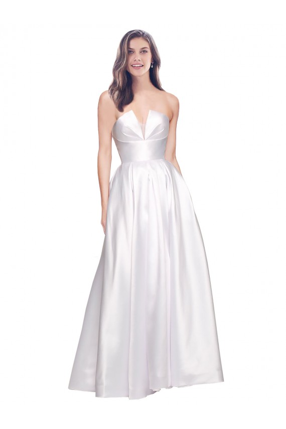 A-Line Strapless Stretch Satin Long White Formal Evening Gown / Prom Dress / Bridesmaid Dress Barrie