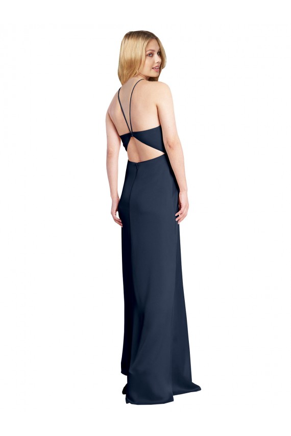 A-Line Halter Neck Stretch Satin Long Dark Navy Formal Evening Gown / Prom Dress / Bridesmaid Dress Barrie