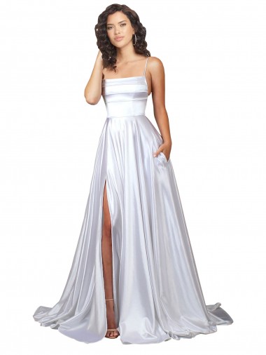 A-Line Spaghetti Straps Stretch Satin Long White Beach Wedding Dress Barrie