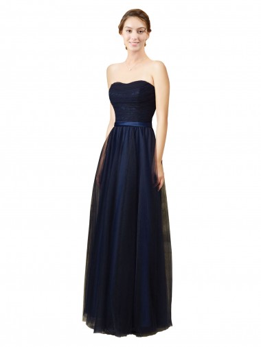 A-Line Strapless Tulle Long Dark Navy Bridesmaid Dress Barrie