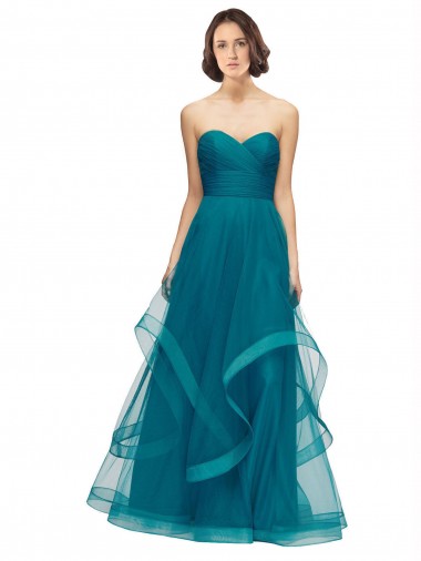 A-Line Strapless Tulle Long Turquoise Bridesmaid Dress Barrie