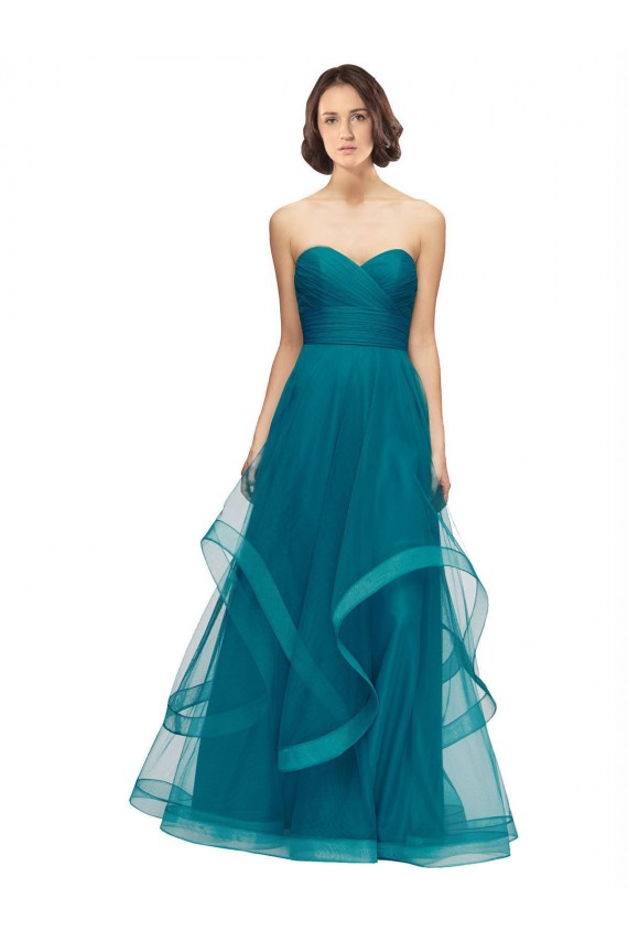 A-Line Strapless Tulle Long Turquoise Bridesmaid Dress Barrie