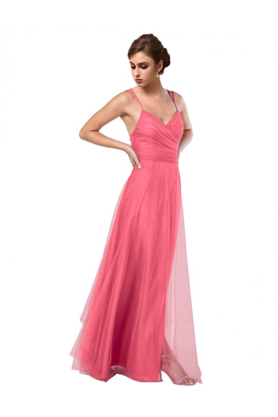 A-Line Spaghetti Straps Tulle Long Watermelon Bridesmaid Dress Barrie