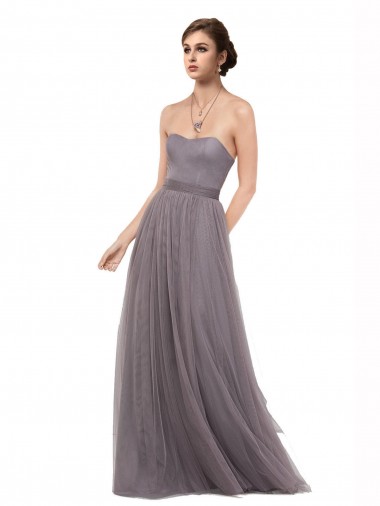 A-Line Spaghetti Straps Tulle Long Pewter Bridesmaid Dress Barrie