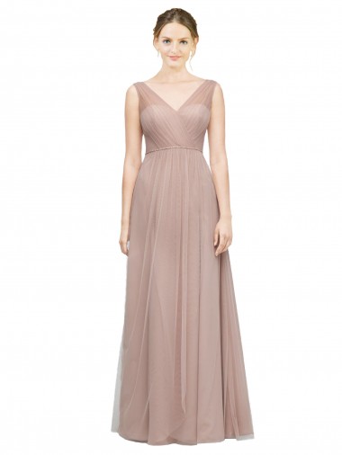 A-Line V-Neck Tulle Long Blush Bridesmaid Dress Barrie