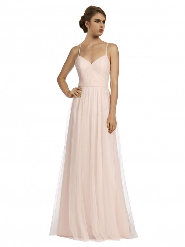 A-Line Spaghetti Straps Tulle Long Pink Bridesmaid Dress Barrie