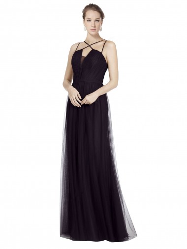 A-Line High Neck Tulle Long Black Bridesmaid Dress Barrie