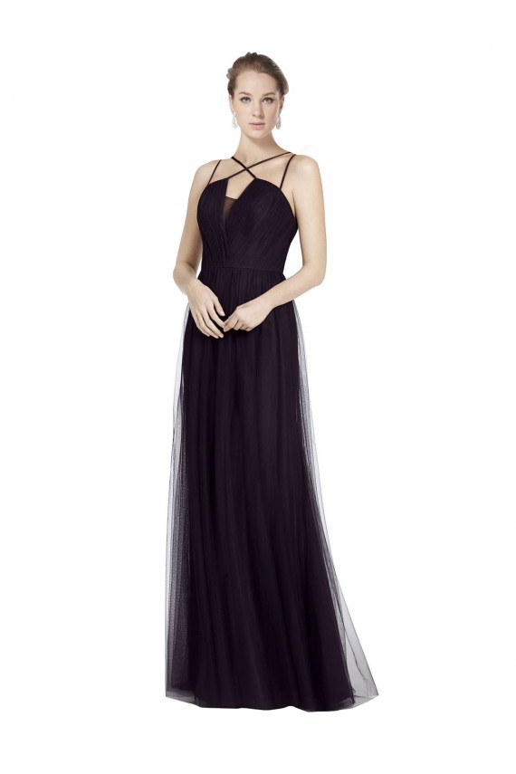 A-Line High Neck Tulle Long Black Bridesmaid Dress Barrie