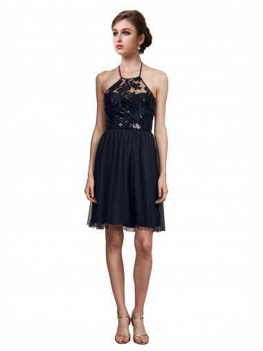 A-Line Halter Neck Tulle Knee Length Black Bridesmaid Dress Barrie