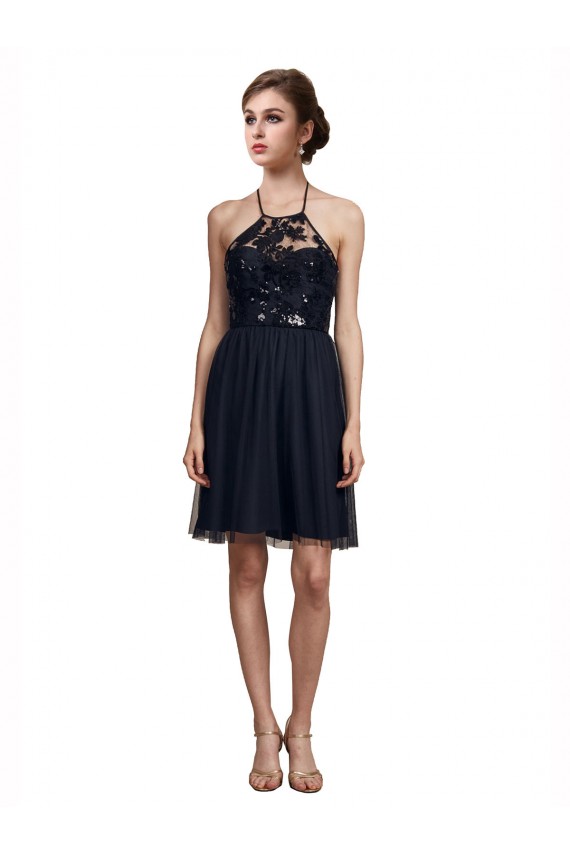 A-Line Halter Neck Tulle Knee Length Black Bridesmaid Dress Barrie