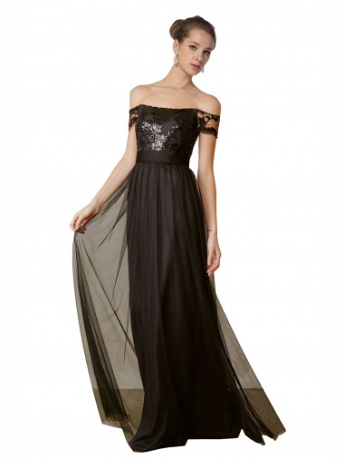 A-Line Off the Shoulder Tulle & Sequin Long Black Bridesmaid Dress Barrie