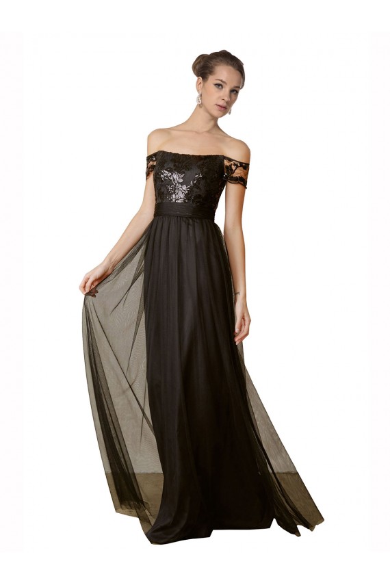 A-Line Off the Shoulder Tulle & Sequin Long Black Bridesmaid Dress Barrie