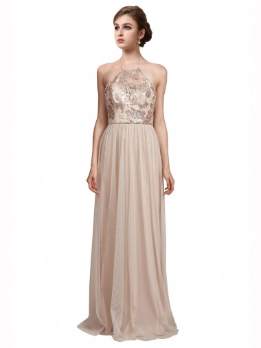A-Line Halter Neck Tulle Long Nude Bridesmaid Dress Barrie