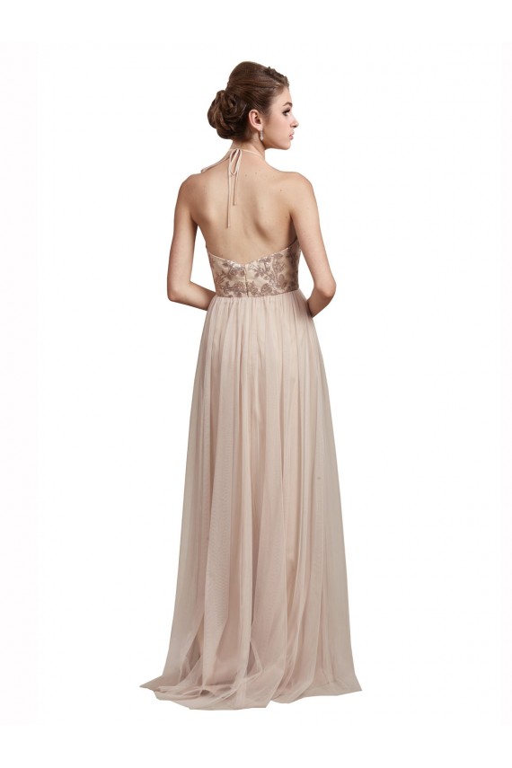 A-Line Halter Neck Tulle Long Nude Bridesmaid Dress Barrie