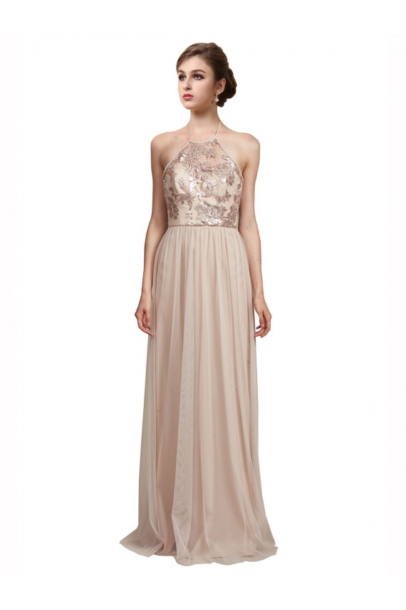 A-Line Halter Neck Tulle Long Nude Bridesmaid Dress Barrie