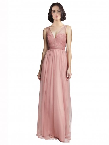A-Line V-Neck Tulle Long Rose Pink Bridesmaid Dress Barrie